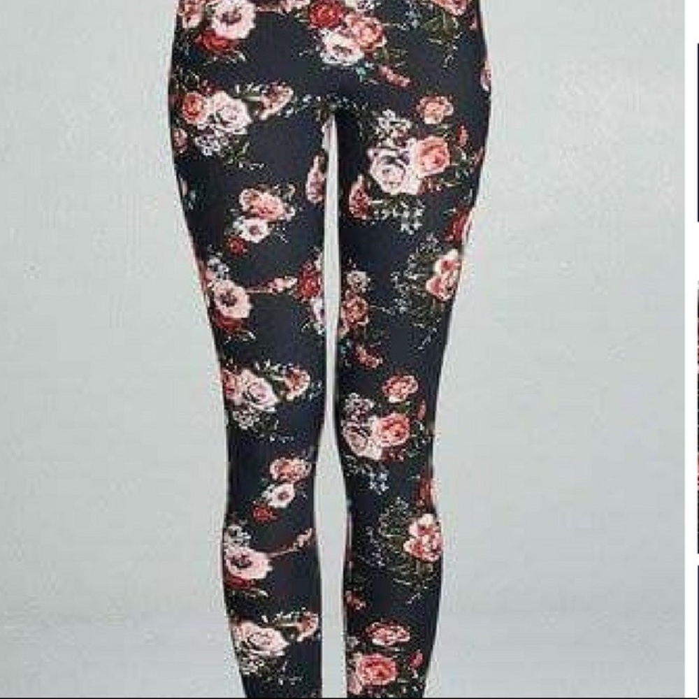 Black with Burgundy Floral Leggings